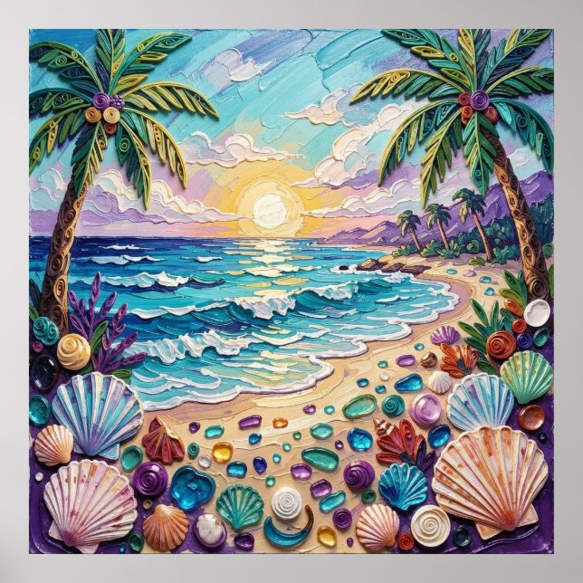 Impasto Beach and Sea Glass Sunset and Sunrise Poster (Front)