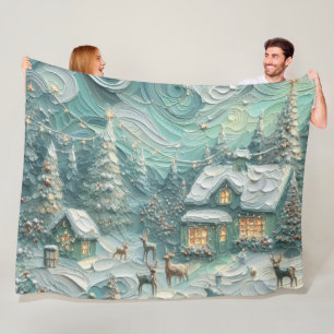 Impasto Christmas Motif Holiday Whimsy Green Fleece Blanket
