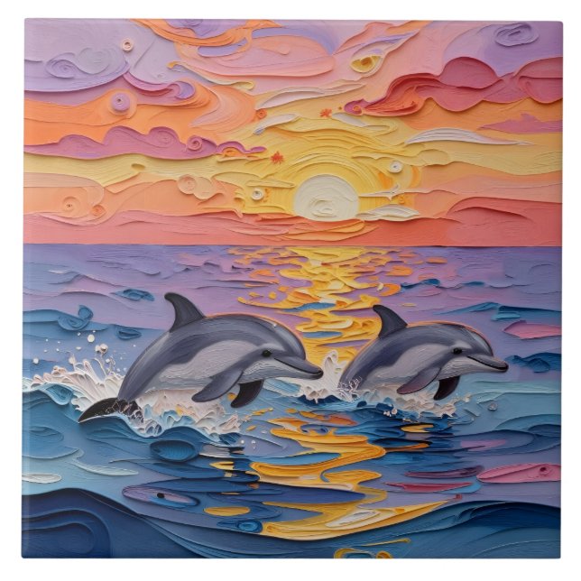 Impasto Dolphins and Ocean Waves   Ceramic Tile (Front)