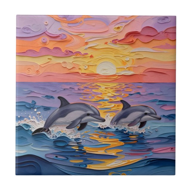 Impasto Dolphins and Ocean Waves   Ceramic Tile (Front)