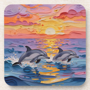 Impasto Dolphins and Ocean Waves   Coaster