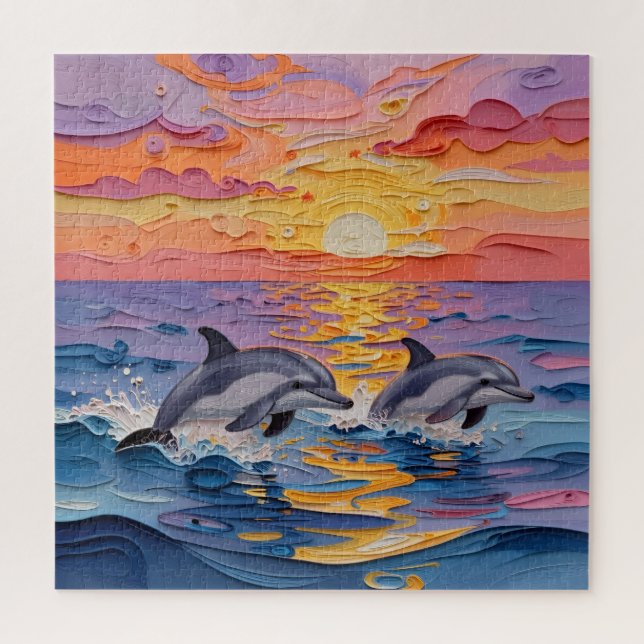 Impasto Dolphins and Ocean Waves   Jigsaw Puzzle (Vertical)