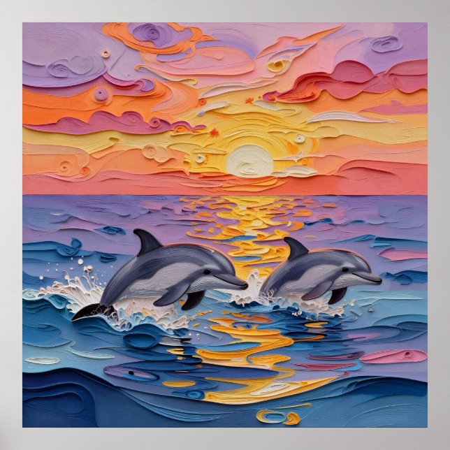 Impasto Dolphins and Ocean Waves   Poster (Front)