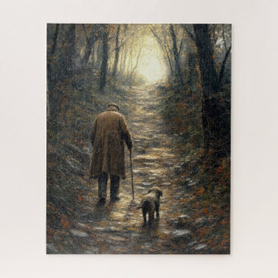 Impasto Painting of Man and His Dog Walking Uphill Jigsaw Puzzle