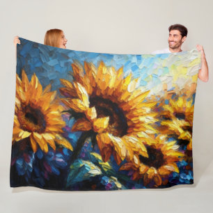 Impasto Painting of Sunflowers Blue Fleece Blanket
