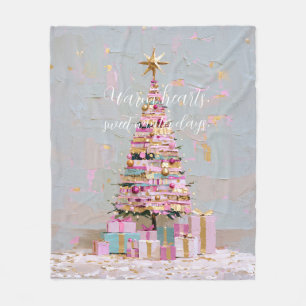 Impasto Pink and Gold Christmas Tree Fleece Blanket