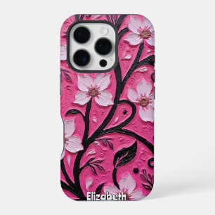 Impasto Pink Blossoms and Black Stems iPhone 16 Pro Case