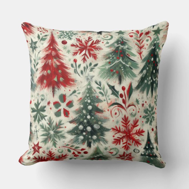 Impasto Red and Green Christmas Motifs Collage Cushion (Front)