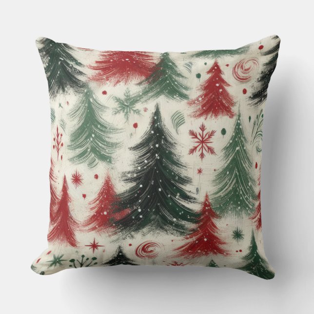 Impasto Red and Green Christmas Motifs Collage Cushion (Front)