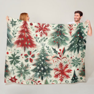 Impasto Red and Green Christmas Motifs Collage Fleece Blanket