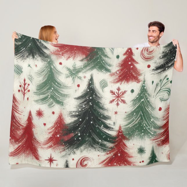 Impasto Red and Green Christmas Motifs Collage Fleece Blanket (In Situ)