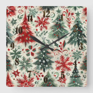 Impasto Red and Green Christmas Motifs Collage Square Wall Clock