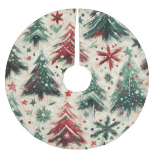 Impasto Red and Green Christmas Trees Collage Brushed Polyester Tree Skirt