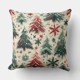 Impasto Red and Green Christmas Trees Collage Cushion