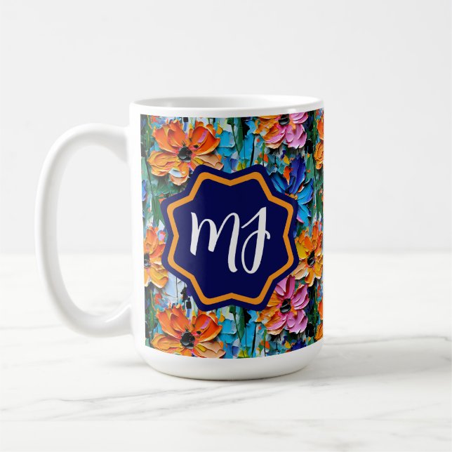 Impasto Style Flowers in a Colourful Monogrammed Coffee Mug (Left)