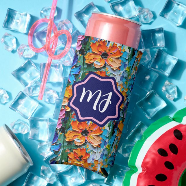 Impasto Style Flowers in a Colourful Monogrammed Seltzer Can Cooler (In Situ Summer)