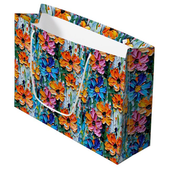 Impasto Style Flowers in a Colourful Pattern Large Gift Bag (Front Angled)