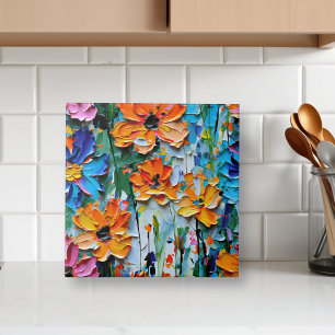 Impasto Style Oil Flowers in a Colourful Pattern Ceramic Tile