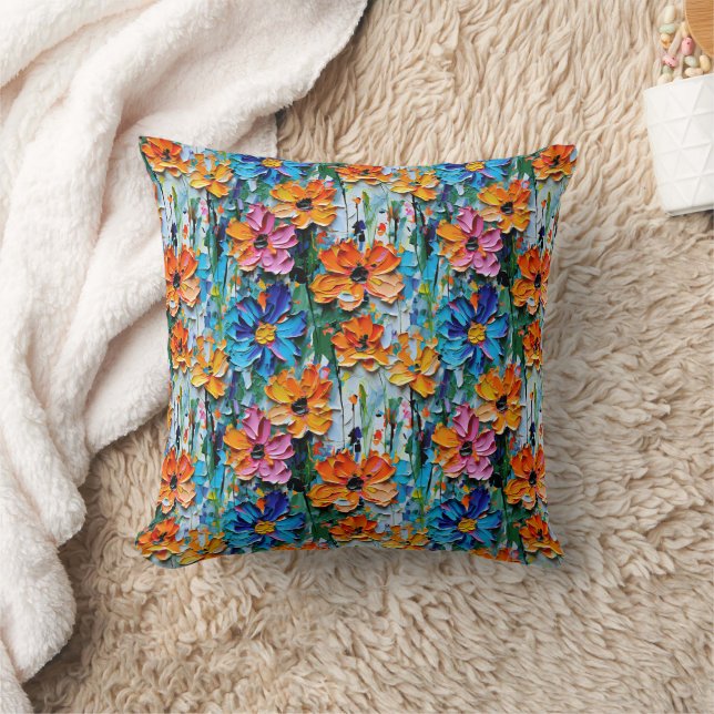 Impasto Style Oil Flowers in a Colourful Pattern Cushion (Blanket)