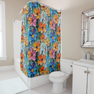 Impasto Style Oil Flowers in a Colourful Pattern Shower Curtain