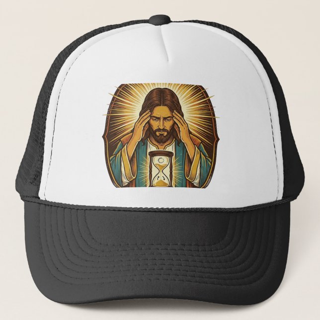 Impatient Jesus Loading Hourglass Slow Internet Te Trucker Hat (Front)