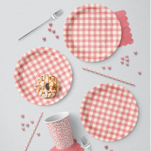 Imperfect Hand Drawn Plaid Rustic Picnic Deep Pink Paper Plate