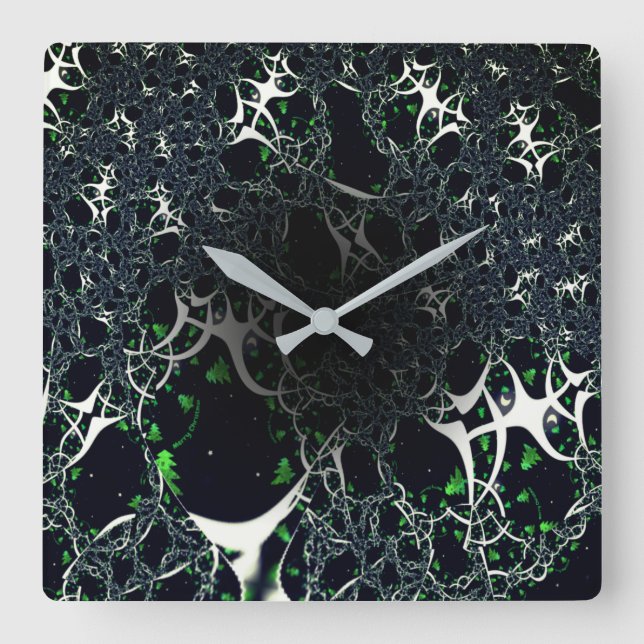 Imperfect white fractal on black space, knitted square wall clock (Front)