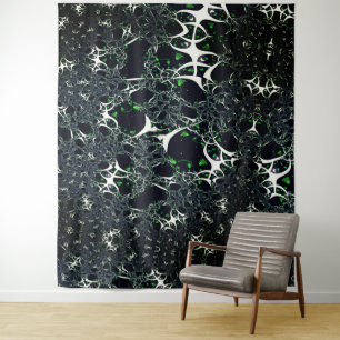 Imperfect white fractal on black space, knitted tapestry