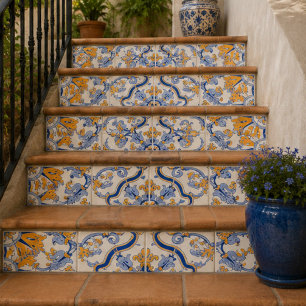 Imperial Blossom Hand Painted Blue and Gold Floral Ceramic Tile