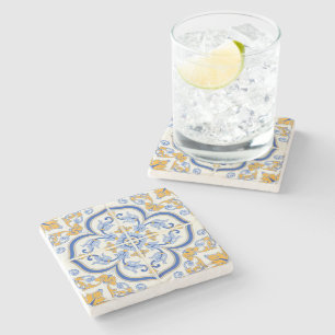 Imperial Blossom Hand Painted Blue and Gold Floral Stone Coaster