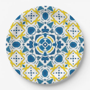 Imperial Blue Elegant Geometric Mosaic Paper Plate