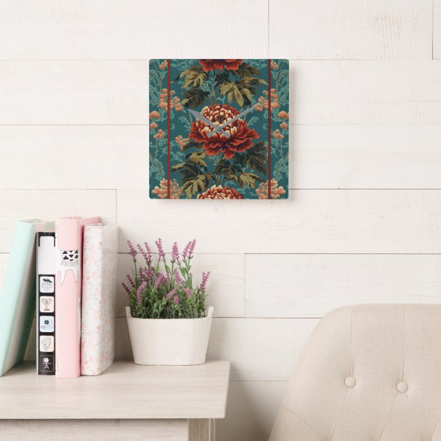 Imperial Peony Tapestry Square Wall Clock (Reading Room)