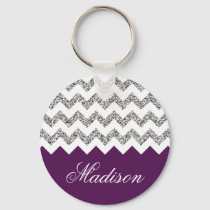 Imperial Purple Silvery Glitter Chevron Pattern Key Ring