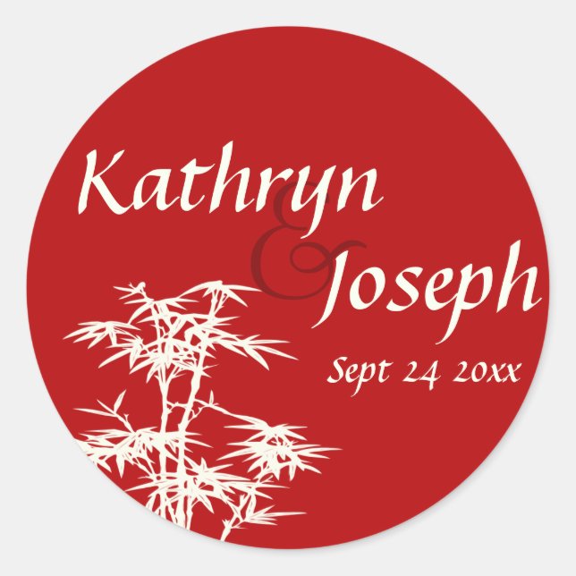 Imperial red bamboo custom wedding favour label (Front)