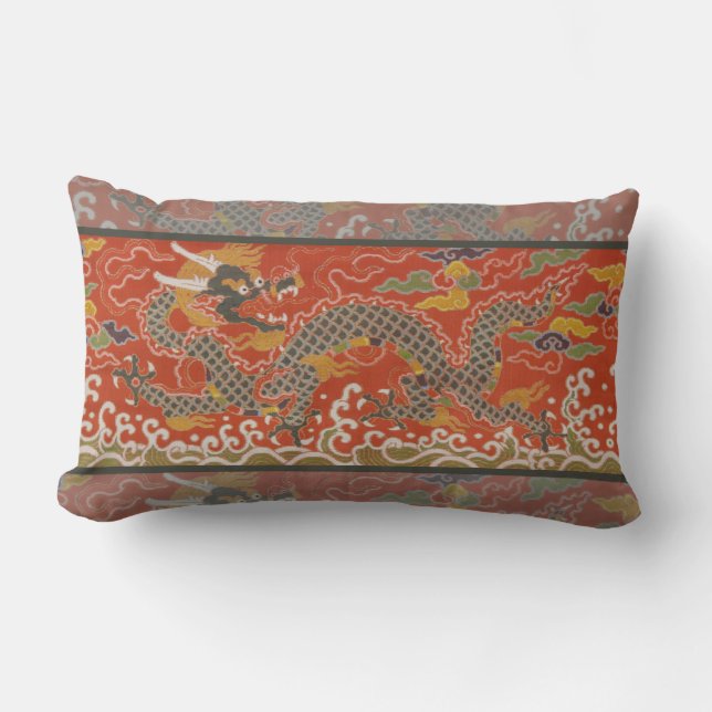 Imperial Red & Black Dragon Silk Pattern Lumbar Cushion (Front)