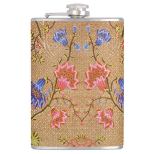Imperial Red & Gold Interlocking Floral Silk Art Hip Flask
