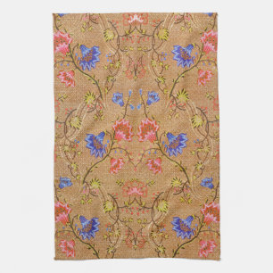 Imperial Red & Gold Interlocking Floral Silk Art Tea Towel