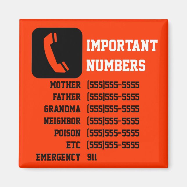 Important contact info for kids, babysitter etc magnet (Front)