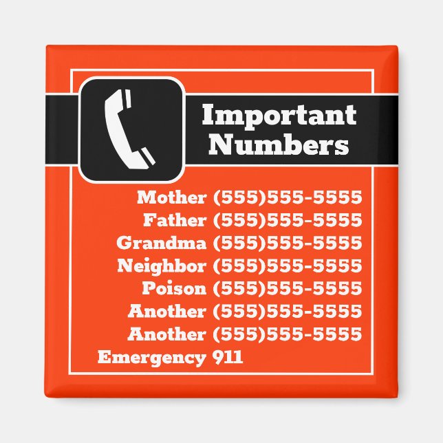 Important Contact Phone Numbers Fridge Reminders Magnet (Front)