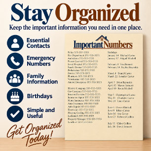 Important Numbers Household Reference Sheet Poster