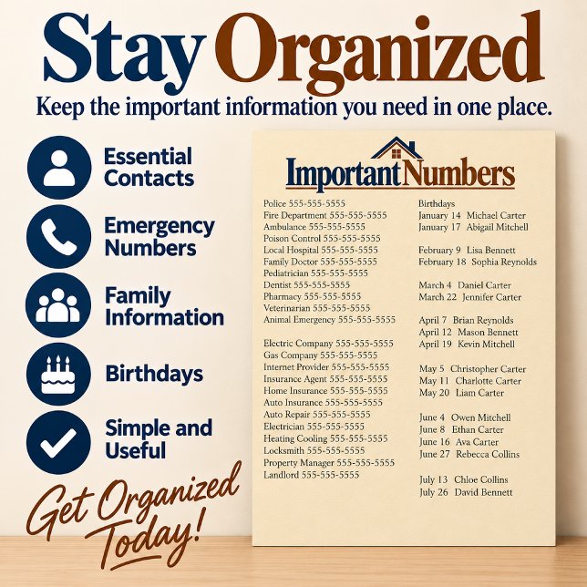 Important Numbers Household Reference Sheet Poster (Creator Uploaded)