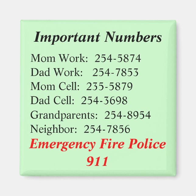 Important Numbers Magnet (Front)