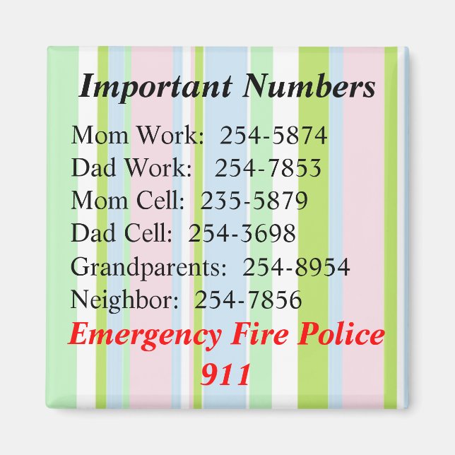 Important Numbers Magnet (Front)