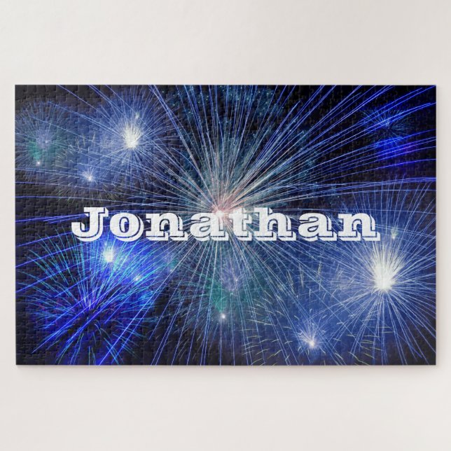 Impossible blue fireworks nightsky personalized jigsaw puzzle (Horizontal)