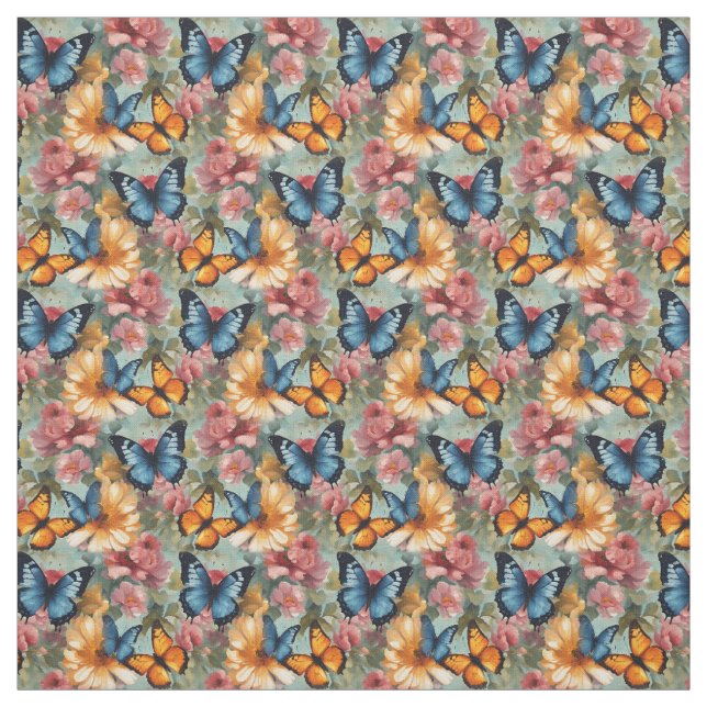 Impresionist Butterflies and Flowers Fabric (Swatch)
