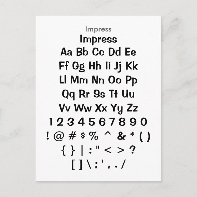 Impress - Zazzle Font Sampler Sheet Postcard (Front)