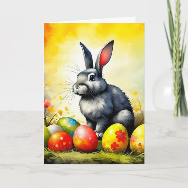 Impressionism Grey and White Easter Bunny Holiday Card (Front)