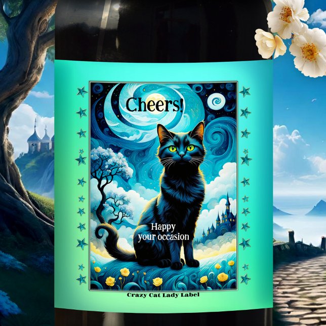 Impressionism Mystery Crazy Cat Lady Wine Label (Whimsical wine label featuring a van Gogh inspired black cat on a starry night - birthday)