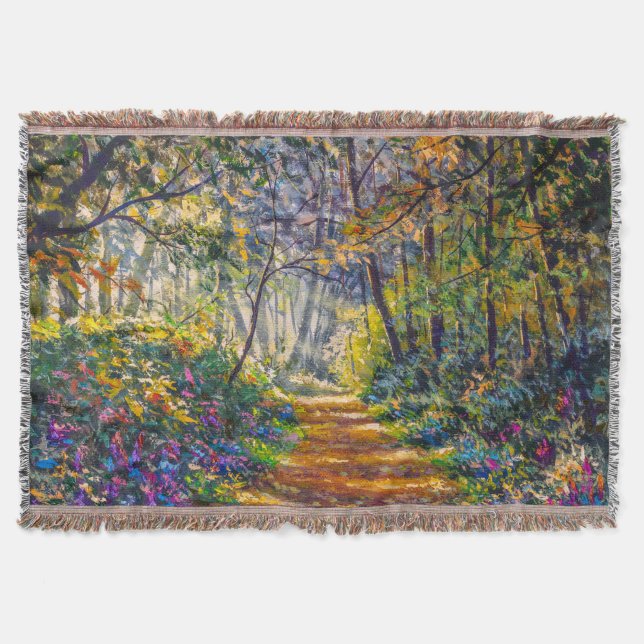 Impressionism Path: Sunny Forest Watercolor Throw Blanket (Front)