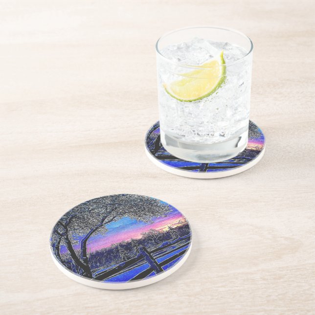 impressionism sunrise landscape winter trees coaster (Side)